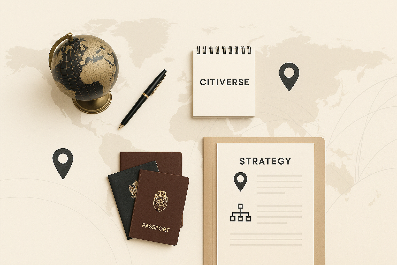 Flat-lay of globe, passports, strategy folder, and Citiverse notepad on world map — representing global expertise and strategic vision behind Citiverse