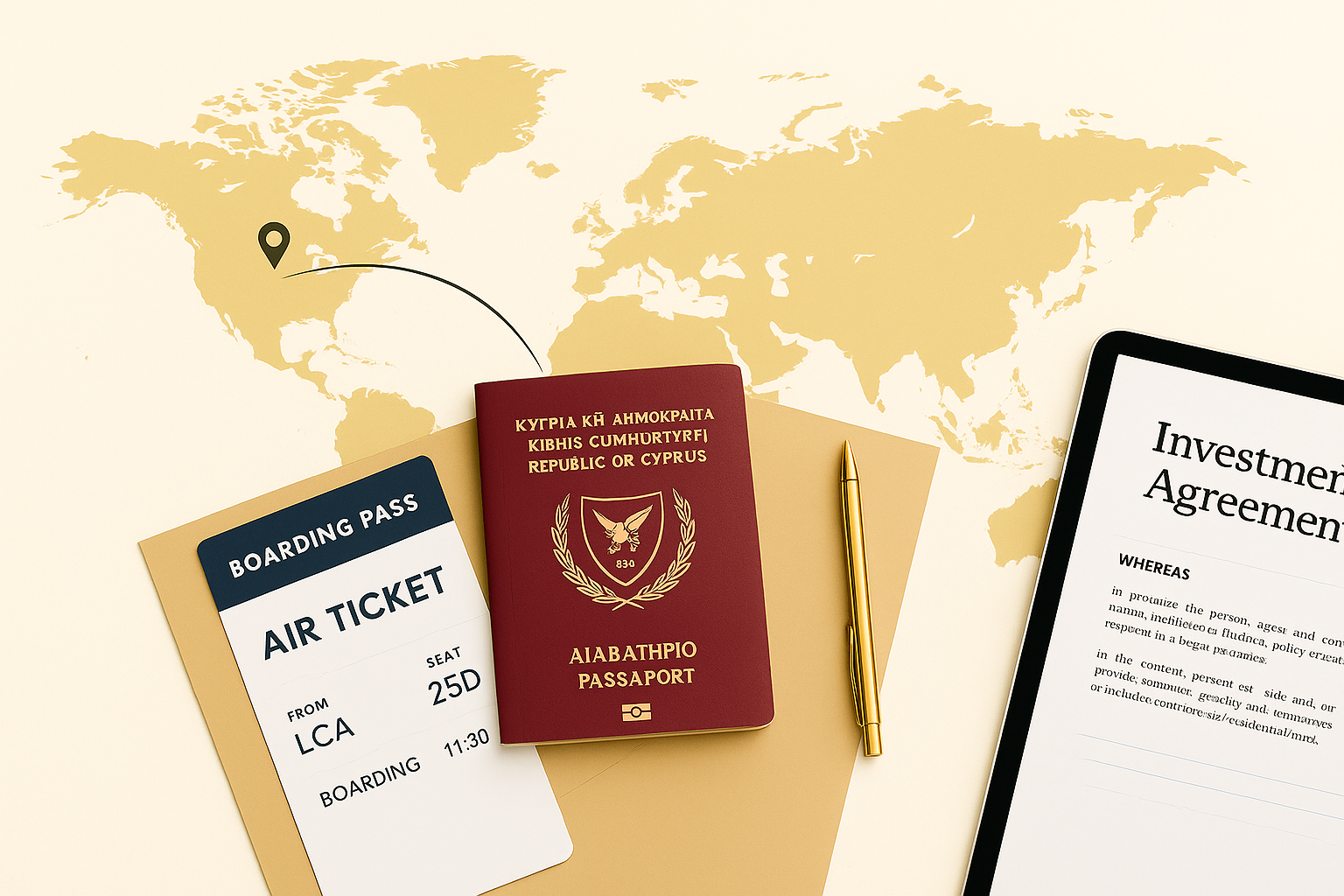 Flat lay image showing a Cyprus passport, boarding pass, and investment agreement, representing the Cyprus Golden Visa and Residency by Investment Program