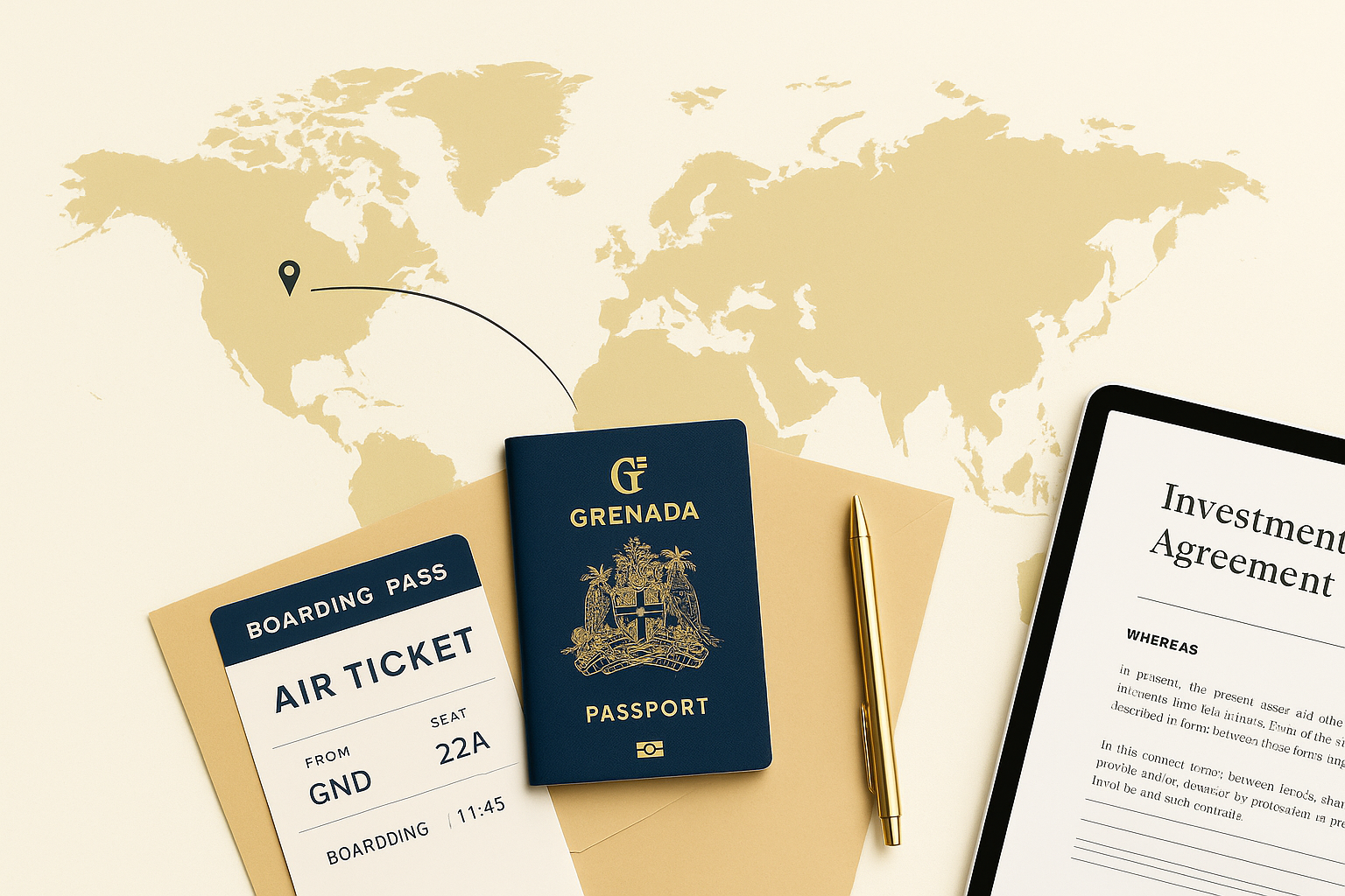 Flat-lay image featuring a Grenadian passport, investment documents, and a contract folder on a beige background — representing Citiverse’s Grenada Citizenship by Investment services