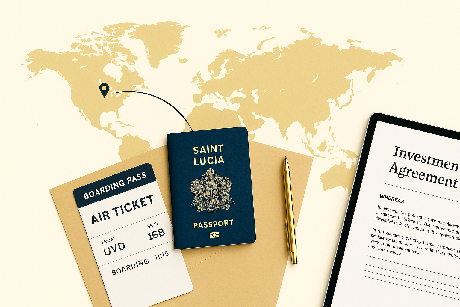 Flat-lay photograph showing a Saint Lucia passport, travel ticket, and investment agreement on a beige map background, symbolising global mobility and second citizenship through investment with Citiverse.