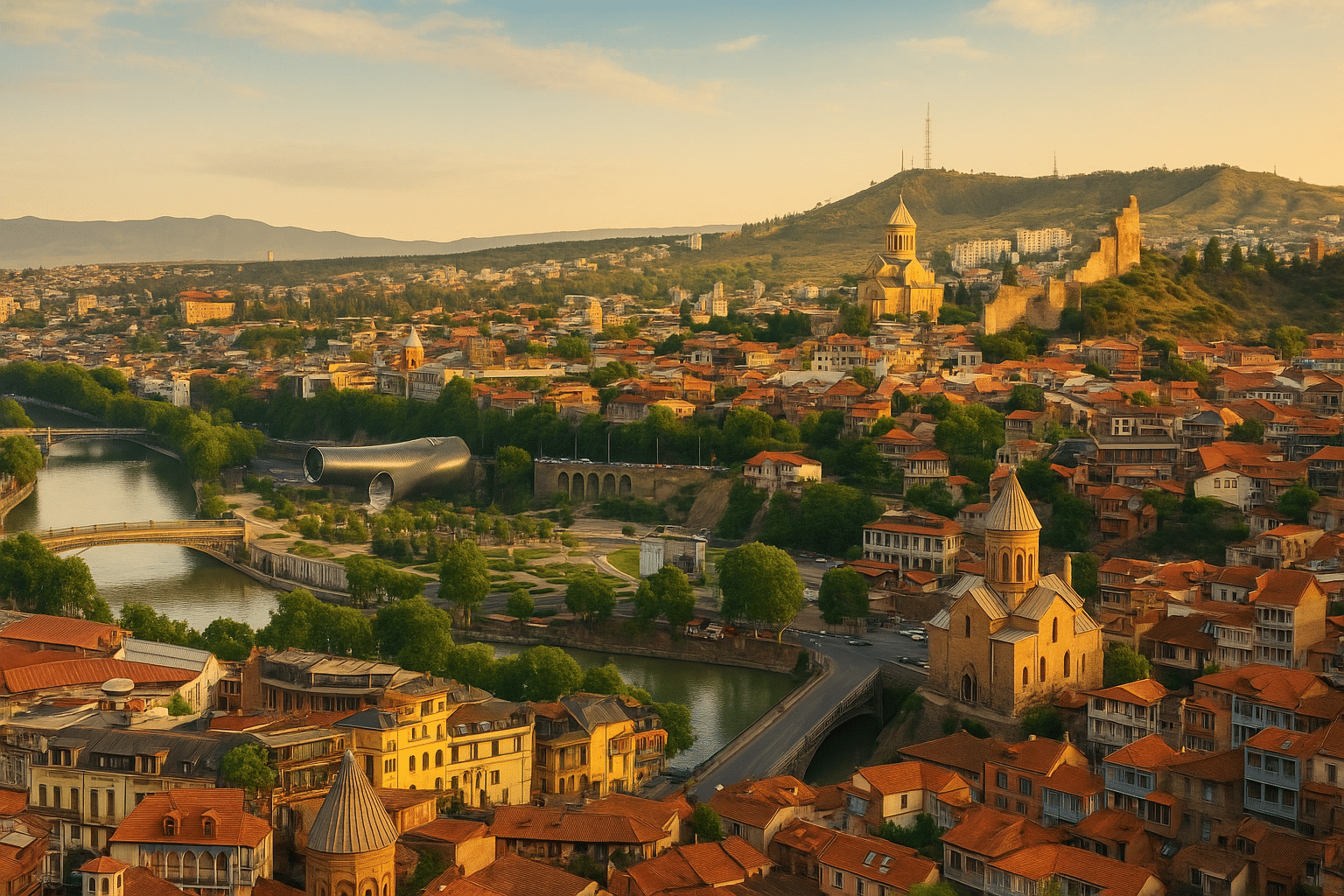 Tbilisi skyline in Georgia featuring the Kura River and Narikala Fortress, highlighting the country’s appeal for Citiverse residency by investment programs
