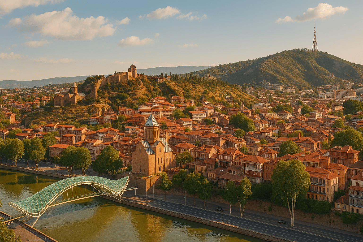 Horizontal panoramic view of Tbilisi, Georgia with the Peace Bridge, Narikala Fortress, and historic old town, showcasing lifestyle appeal for the Georgia Residency by Investment Program.