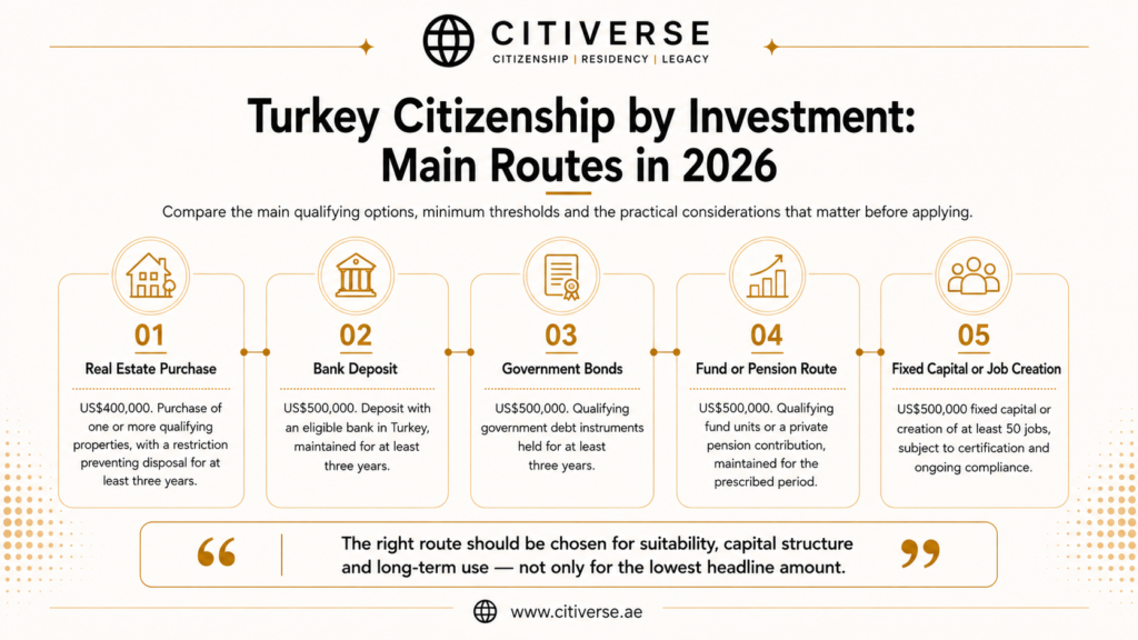 Turkey citizenship by investment routes in 2026 comparing real estate, bank deposit, government bonds, fund and pension investments, and business options